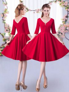 Red Zipper Vestidos de Damas Ruching Half Sleeves Knee Length