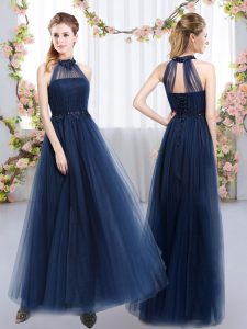 Glamorous Tulle High-neck Sleeveless Lace Up Appliques Quinceanera Court Dresses in Navy Blue