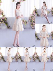 Unique Scoop Short Sleeves Quinceanera Court Dresses Lace Lace Up