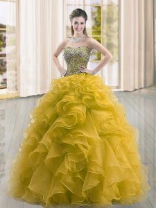 Gold Organza Lace Up 15 Quinceanera Dress Sleeveless Floor Length Beading and Ruffles