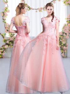 Beautiful Empire Quinceanera Court of Honor Dress Pink V-neck Tulle Cap Sleeves Floor Length Lace Up