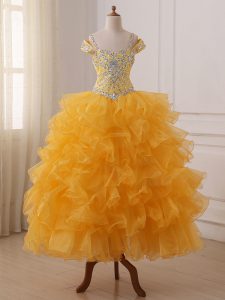 Dazzling Gold Organza Lace Up Off The Shoulder Sleeveless Floor Length Pageant Dress for Teens Beading and Ruffled Layers