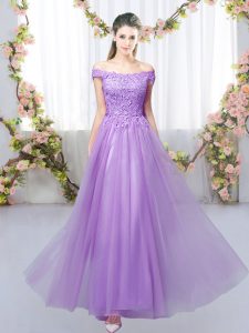 Off The Shoulder Sleeveless Damas Dress Floor Length Lace Lavender Tulle