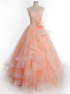 Floor Length Peach 15 Quinceanera Dress Tulle Sleeveless Ruffles
