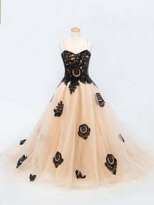 Sleeveless Brush Train Lace Up Appliques Custom Made Pageant Dress