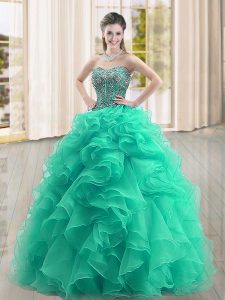 Lovely Turquoise Sleeveless Floor Length Beading and Ruffles Lace Up Sweet 16 Dress