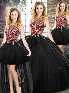 Cute Floor Length Zipper Quinceanera Gown Black for Military Ball and Sweet 16 and Quinceanera with Embroidery
