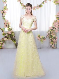 Fantastic Light Yellow Tulle Lace Up Off The Shoulder Cap Sleeves Floor Length Damas Dress Appliques