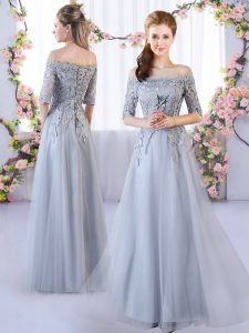 Grey Lace Up Quinceanera Court Dresses Appliques Half Sleeves Floor Length