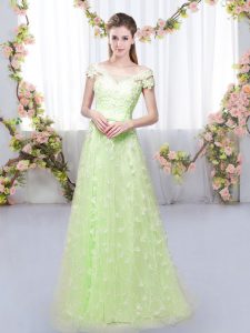 Yellow Green Quinceanera Court of Honor Dress Prom and Party and Wedding Party with Appliques Off The Shoulder Cap Sleeves Lace Up