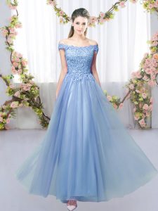 Off The Shoulder Sleeveless Quinceanera Dama Dress Floor Length Lace Blue Tulle