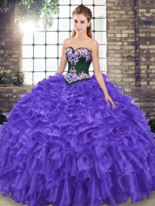 Amazing Purple Sleeveless Embroidery and Ruffles Lace Up Ball Gown Prom Dress