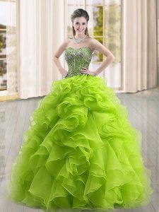 Yellow Green Ball Gowns Organza Sweetheart Sleeveless Beading and Ruffles Floor Length Lace Up Quinceanera Gowns