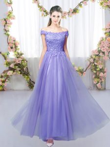 Eye-catching Lavender Off The Shoulder Neckline Lace Damas Dress Sleeveless Lace Up