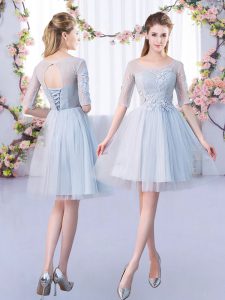 Grey Tulle Lace Up Court Dresses for Sweet 16 Half Sleeves Mini Length Lace