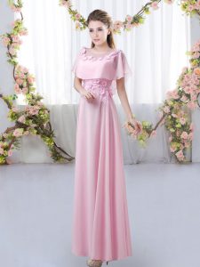 Romantic Floor Length Rose Pink Quinceanera Court Dresses Chiffon Short Sleeves Appliques