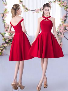 Discount Red Satin Zipper Straps Sleeveless Knee Length Dama Dress Ruching