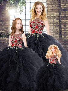 Black Zipper Quinceanera Dress Sleeveless Floor Length Embroidery and Ruffles