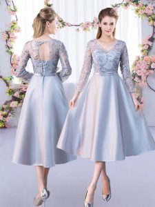 Tea Length Silver Court Dresses for Sweet 16 Satin 3 4 Length Sleeve Lace