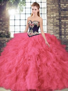 Hot Pink Sweetheart Lace Up Beading and Embroidery Sweet 16 Dresses Sleeveless