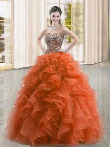 Rust Red Ball Gowns Organza Sweetheart Sleeveless Beading and Ruffles Floor Length Lace Up Quince Ball Gowns