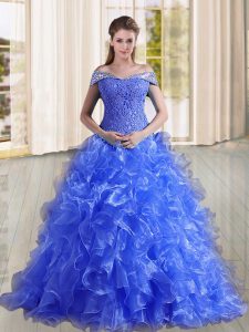 Blue Sleeveless Sweep Train Beading and Lace and Ruffles Sweet 16 Dresses