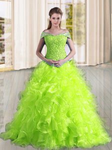Organza Sleeveless Quinceanera Dress Sweep Train and Beading and Lace and Ruffles