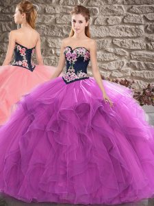 Purple Tulle Lace Up Sweetheart Sleeveless Floor Length Sweet 16 Dresses Beading and Embroidery