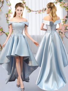Charming A-line Vestidos de Damas Light Blue Off The Shoulder Satin Sleeveless High Low Lace Up