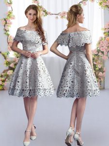 Wonderful Knee Length Zipper Quinceanera Dama Dress Grey for Prom and Party and Wedding Party with Lace