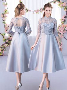 Artistic High-neck Half Sleeves Court Dresses for Sweet 16 Tea Length Lace Silver Satin