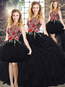 Enchanting Scoop Sleeveless Sweet 16 Dress Embroidery and Ruffles Black Organza