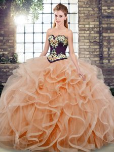 Gorgeous Peach Ball Gowns Embroidery and Ruffles Quinceanera Gown Lace Up Tulle Sleeveless