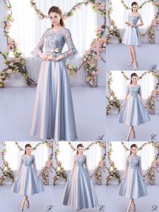 Floor Length A-line 3 4 Length Sleeve Silver Quinceanera Court of Honor Dress Lace Up