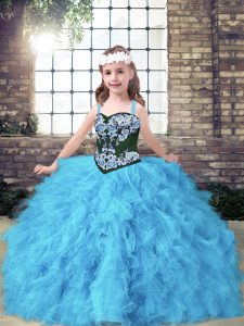 Embroidery and Ruffles Pageant Dress Baby Blue Lace Up Sleeveless Floor Length