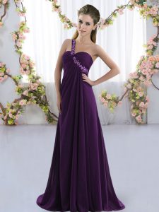 Inexpensive Chiffon One Shoulder Sleeveless Brush Train Lace Up Beading Damas Dress in Purple