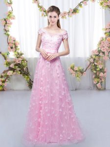 Edgy Cap Sleeves Floor Length Appliques Lace Up Vestidos de Damas with Rose Pink