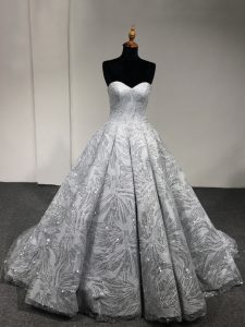 Silver Sleeveless Floor Length Sequins Lace Up Quinceanera Dress