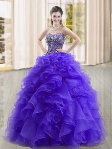 Purple Quinceanera Dress Military Ball and Sweet 16 and Quinceanera with Beading and Ruffles Sweetheart Sleeveless Lace Up