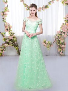 Adorable Floor Length Apple Green Vestidos de Damas Tulle Cap Sleeves Appliques