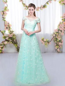 Tulle Cap Sleeves Floor Length Quinceanera Court Dresses and Appliques