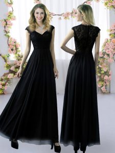 Black Damas Dress Prom and Party and Wedding Party with Lace V-neck Cap Sleeves Zipper