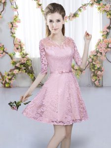 Pink Lace Zipper Dama Dress Half Sleeves Mini Length Belt