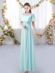 Fancy Floor Length Empire Short Sleeves Aqua Blue Dama Dress Zipper