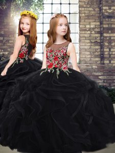 Customized Black Sleeveless Tulle Sweep Train Zipper Pageant Dress Womens for Party and Wedding Party