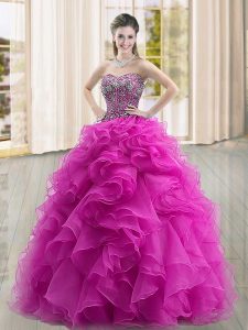 Sweetheart Sleeveless Lace Up 15th Birthday Dress Fuchsia Organza