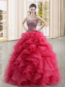 Custom Made Sleeveless Floor Length Beading and Ruffles Lace Up 15 Quinceanera Dress with Coral Red