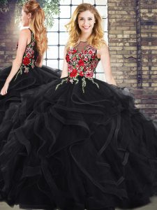 Elegant Sleeveless Embroidery and Ruffles Zipper 15 Quinceanera Dress with Black