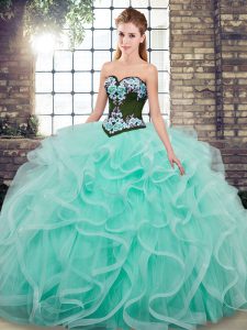 Cheap Aqua Blue Sleeveless Sweep Train Embroidery and Ruffles Quince Ball Gowns