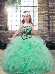 Amazing Sleeveless Tulle Floor Length Lace Up Pageant Gowns For Girls in Apple Green with Embroidery and Ruffles